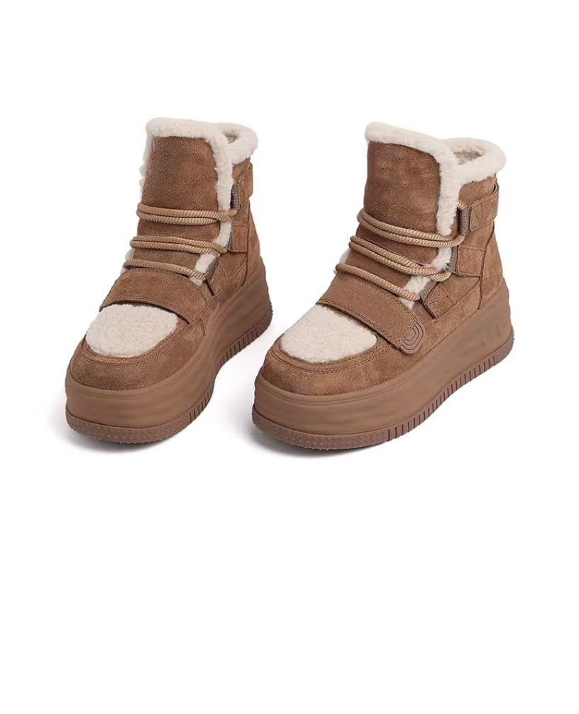 Wool genuine leather and plush snow boots for winter New waterproof anti slip thick soled thickened fur integrated cotton shoes and short boots