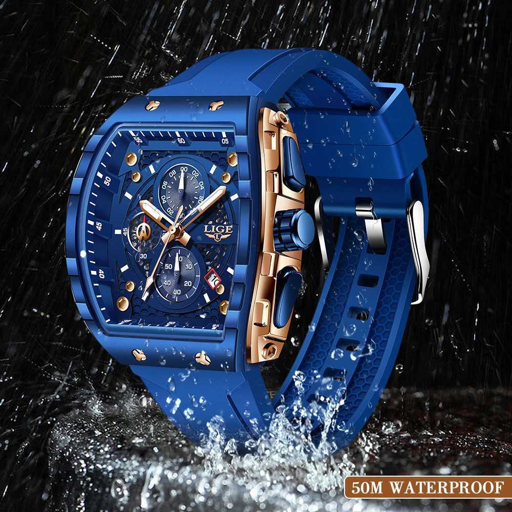 LIGE Outdoor Square Leisure Sports Quartz Mens Top Brand Luxury Fashion 50M Waterproof Car Date Sile Chronograph W250104