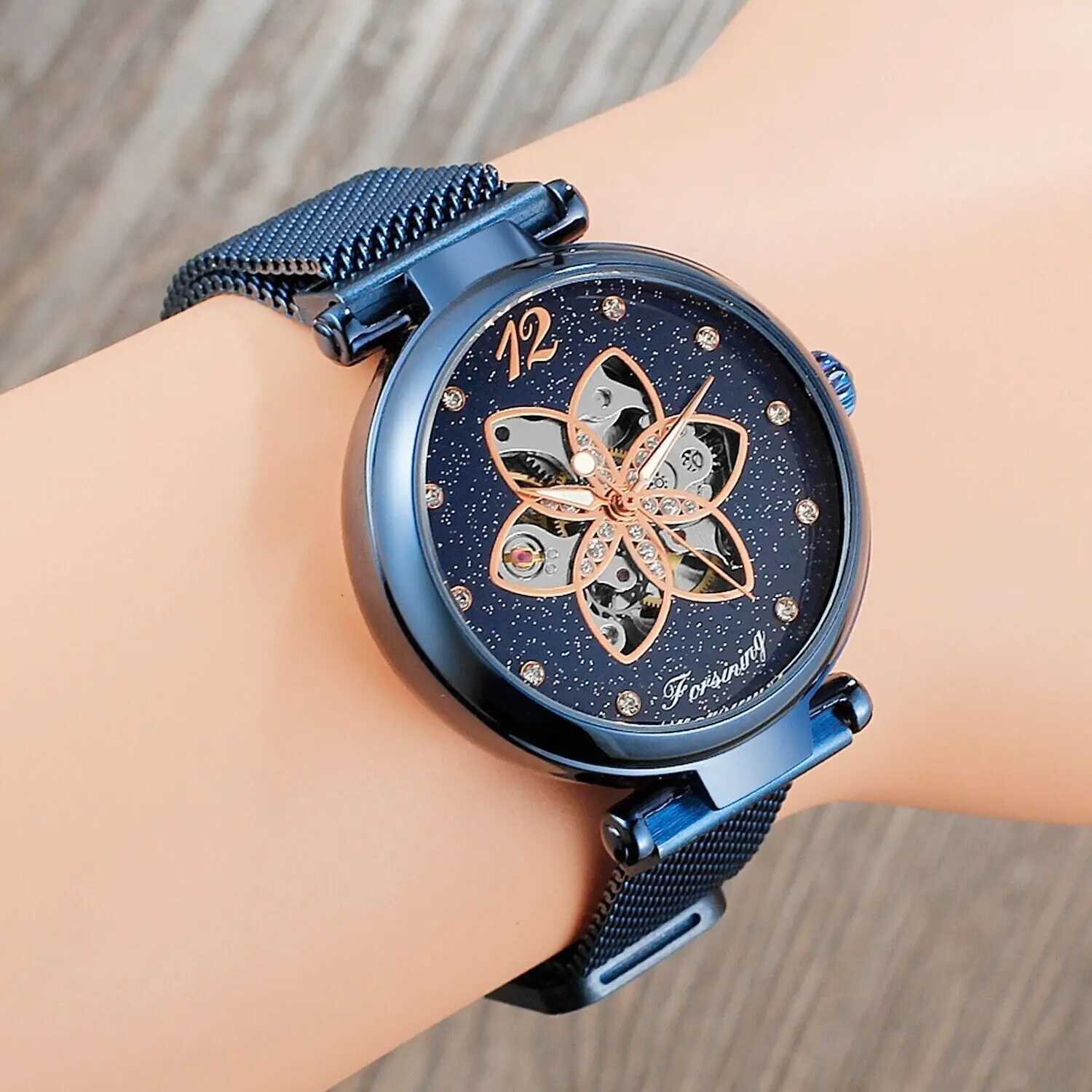 Automatic Womens Diamond Womens Mechanical Wind Blue Steel Strap Wristband W250104