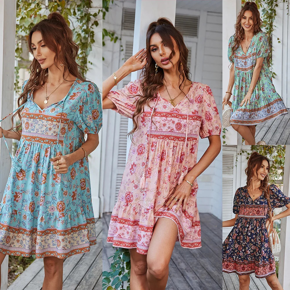 Fashion printed holiday beach short skirt 2025 summer V-neck lace short sleeved dress womens dress casual bohemian womens dress 250103