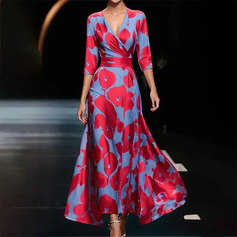 Retro dress for women sexy spring V-neck printed hem Bohemian Maxi dress elegant and fashionable half sleeved waist pleated party dress 241230