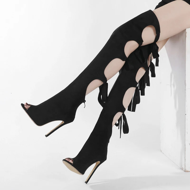 Eilyken Street Style Thin High Heels Women Knee-High Boots Designer Hollow Out Zipper Shoes Sexy Party Prom Atos De Muje