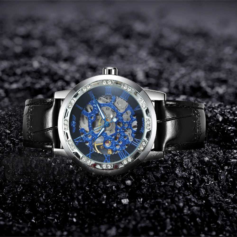 Fashion Top Brand Womens Luxury Mechanical Winner Diamond Skeleton Dial Leather Str Unisex Size Watch W250104