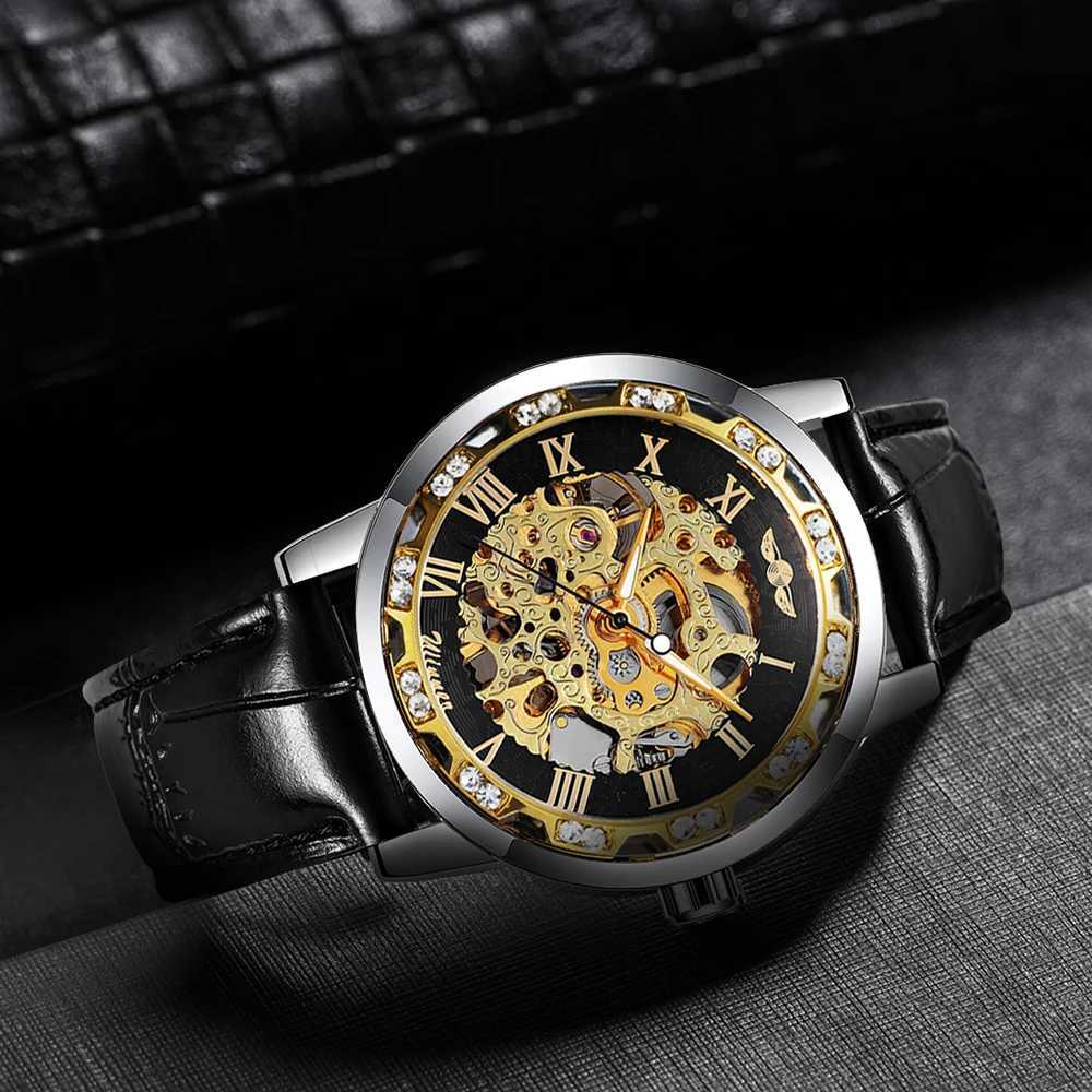 Fashion Top Brand Womens Luxury Mechanical Winner Diamond Skeleton Dial Leather Str Unisex Size Watch W250104