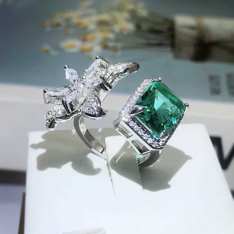 Delicate Square Flower Asymmetric Ring 925 Stamp Full Diamond Set Green Zircon Ring For Women Wedding Party GiftXJ250104