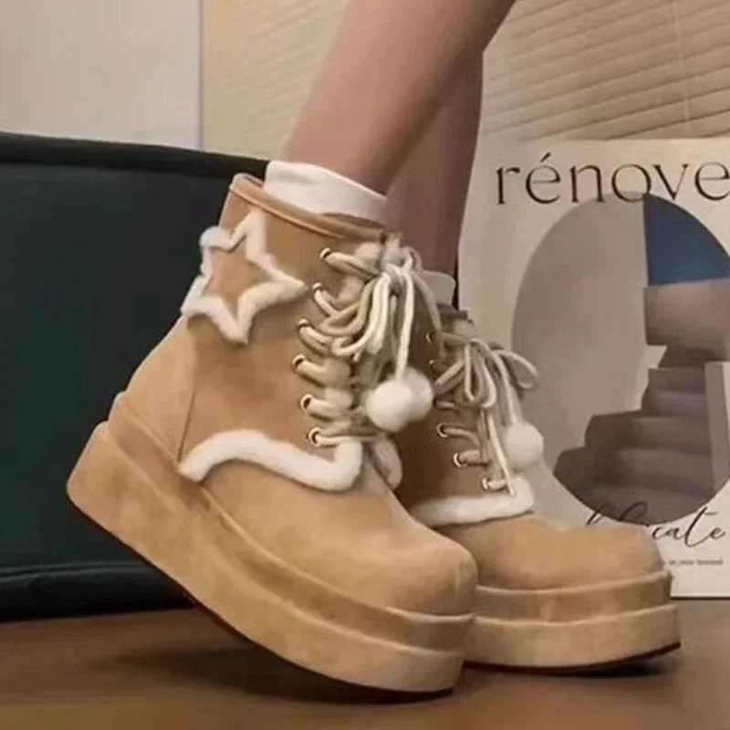 Shoes for Women 2024 High Quality Lace Up Womens Boots Winter Round Toe Plush Fleece for Warmth Middle Barrel Fashion Boots 250103