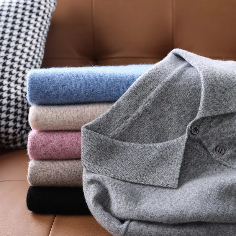 High quality ultra-fine cashmere knitted lapel mens T-shirt long sleeved polo shirt solid color casual trend gray white black 250103