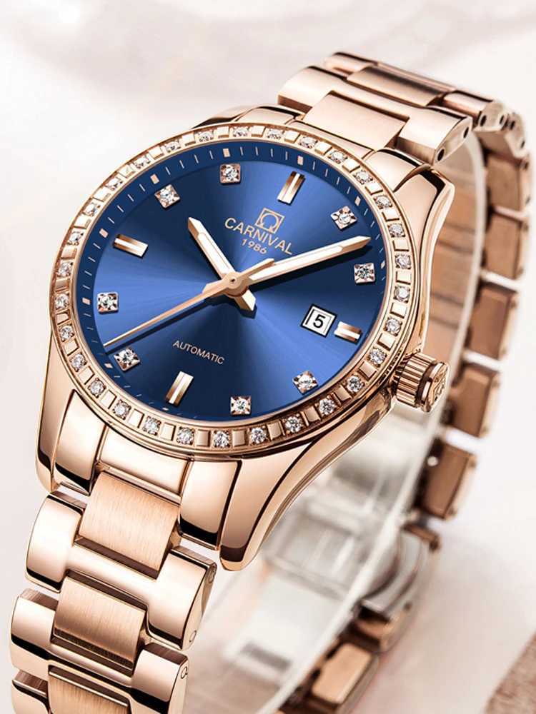 Carnival New Luxury Rose Gold Blue Dial Women Dr Automatic Mechanical es Bracelet Womens Gift Reloj Mujer W250104