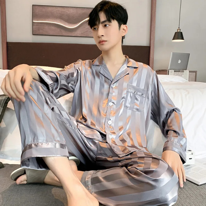 Mens Pajama Summer Longsleeved Ice Silk High Quality Stain Sleepwear Suit Home Clothes Male Night Wear Pyjamas Gentlemen 250103