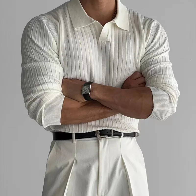 Spring and Autumn Mens Knitted Polo Shirt Solid Stripe Collar Jacquard Casual Long Sleeve T-shirt Mens Top Knitted Top 250103