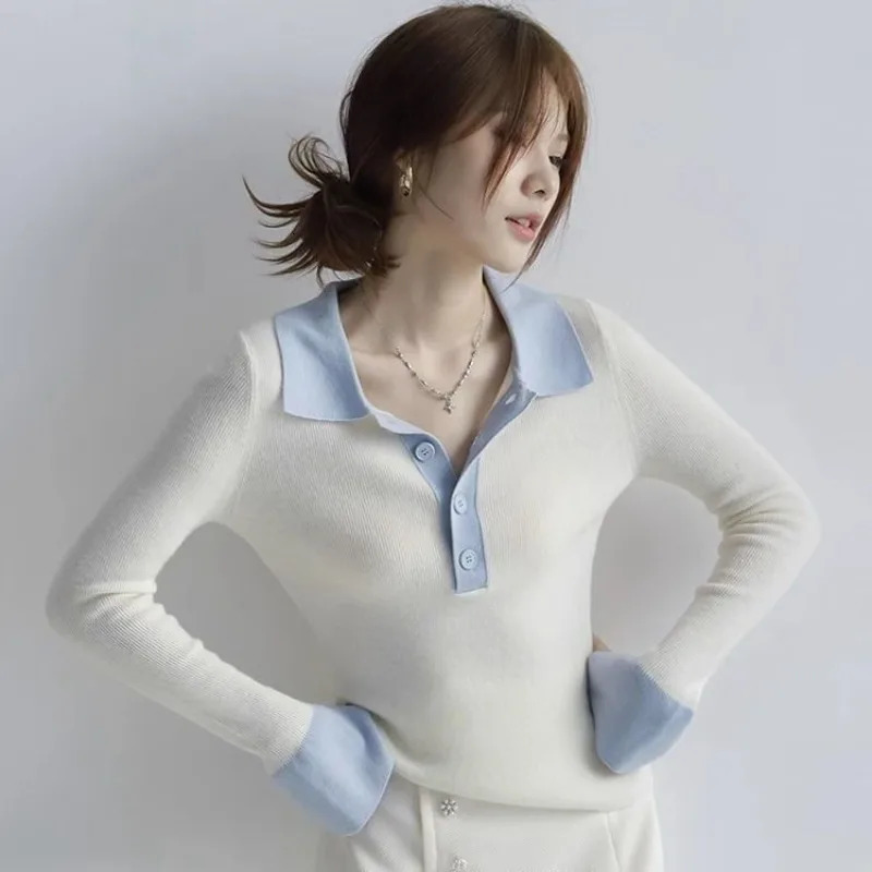 Long sleeved womens T-shirt knitted button womens polo shirt contrasting color T-shirt 250103