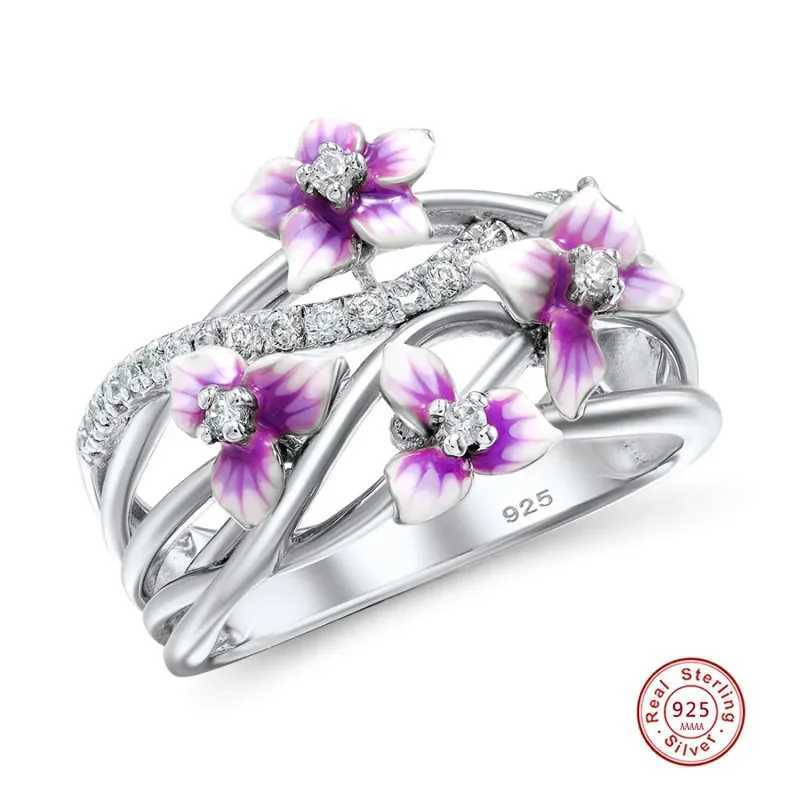 Authentic 925 Sterling Silver Stackable Violet Drop Glue Ring Daisies Flower Zircon Finger Ring for Women Jewelry Gift BijouxXJ250514