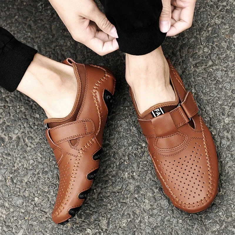 Genuine Leather Casual Italian Hollow Out Men Loafers Summer Breathable Driving Shoes Slip On Moccasins Atos Hombre