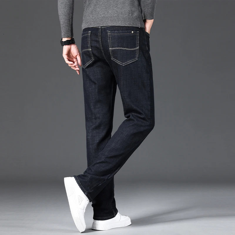 Men Winter Fleece Warm Jeans Fashion Business Pants Retro Classic Denim Trousers Autumn Casual Stretch Slim Jeans Men 241230