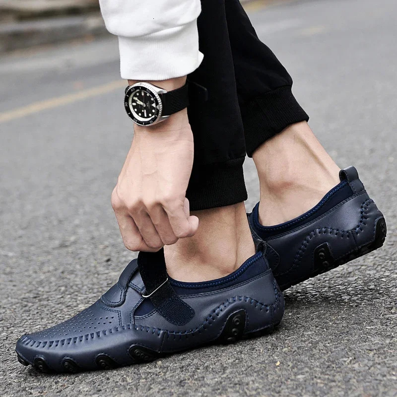 Genuine Leather Casual Italian Hollow Out Men Loafers Summer Breathable Driving Shoes Slip On Moccasins Atos Hombre