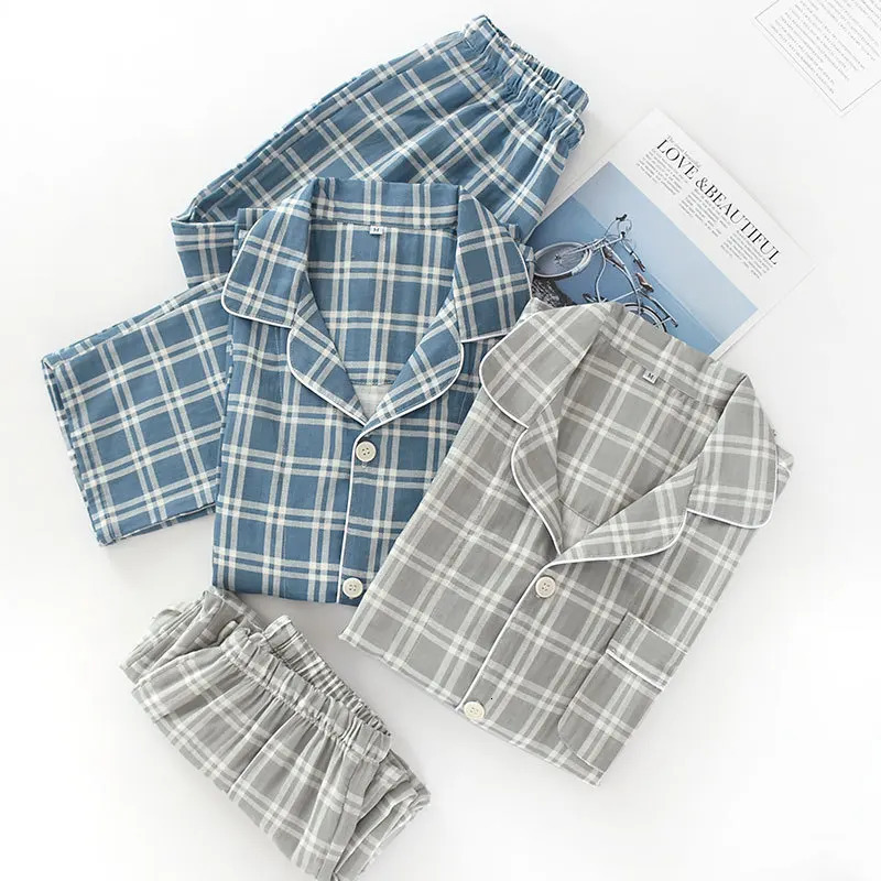 Spring and autumn mens pajamas longsleeved trousers cotton double gauze lattice large size suit home service 250103