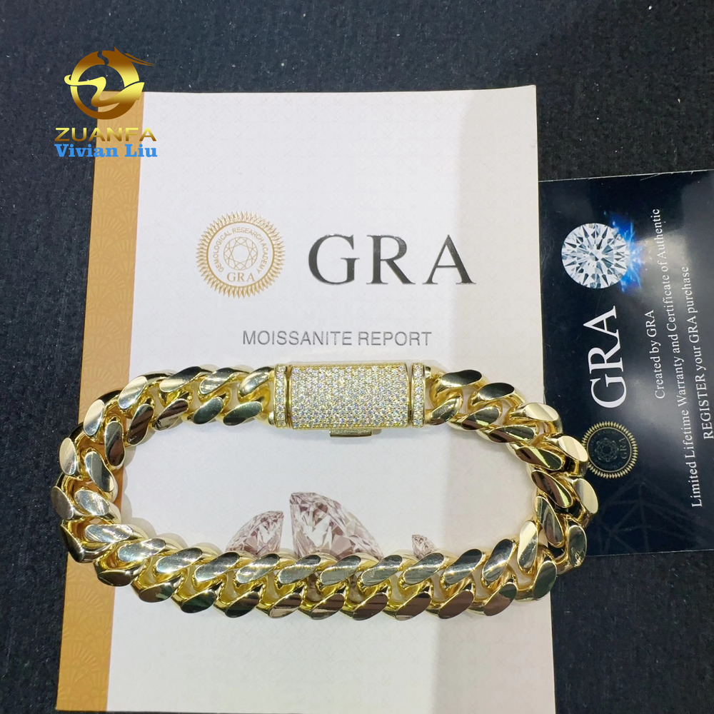 VVS Moissanite Dia Clasp Sterg Sier Hip Hop Jewelry 10K 14K Real Gold Plated 12mm Plain Cuban Bracelet