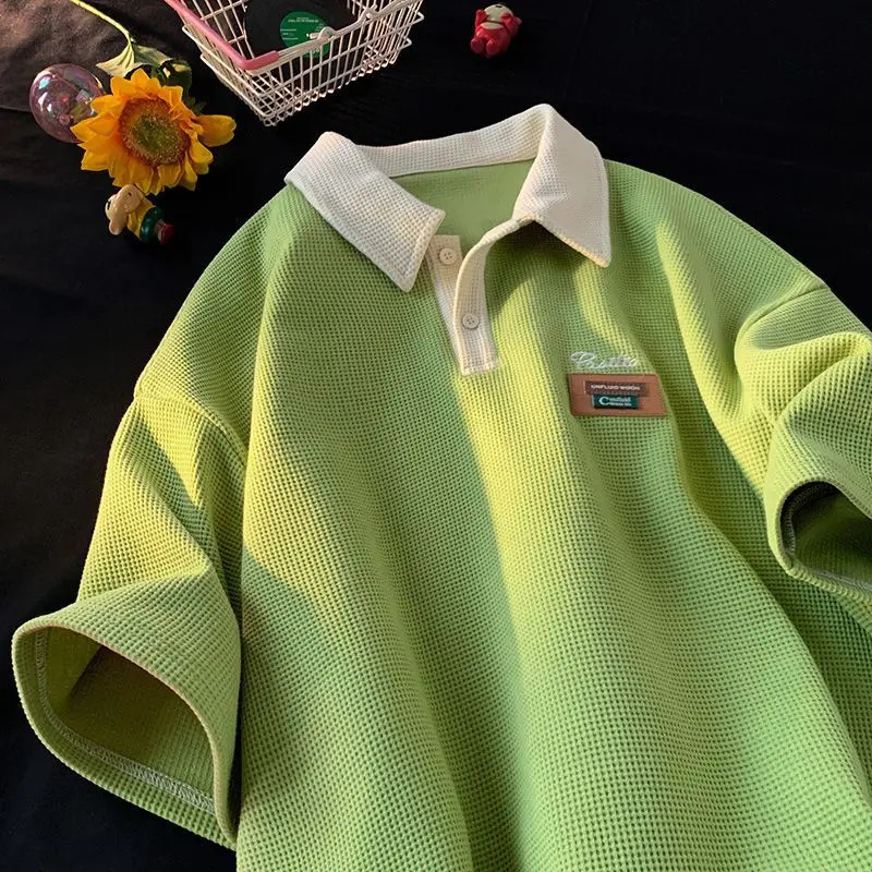 Polo shirt short sleeved T-shirt mens summer vintage American fashion waffle fully matched heavy-duty half sleeved top 241230