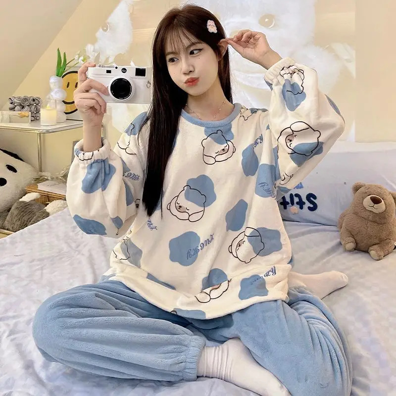 Keep Warm Womens Pajamas Set Femme Cartoon Print Top and Solid Pants Sleepwear Ladies Round Neck Long Sleeve 2 Pieces Homewear 250103