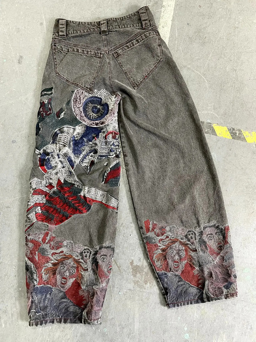 Streetwear Retro Jeans Mens Y2K Hip Hop Abstract Graphic Embroidered Baggy Jeans Harajuku Gothic High Waisted Wide Leg Trousers 250103