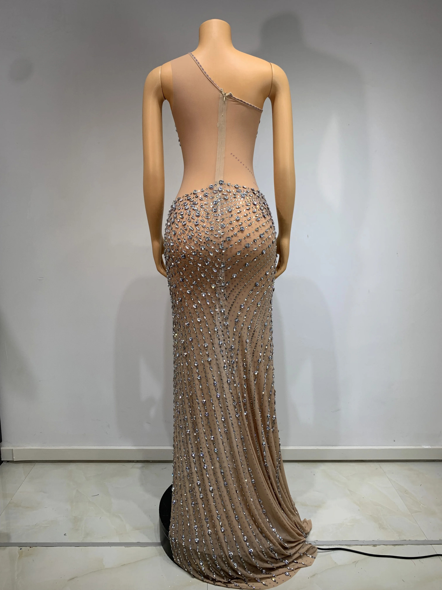 Womens Sparkling Rhinestone Sexy Mesh Stretch Long Dress Elegant Evening Dress Club Singer Stage Performance Costume 250103