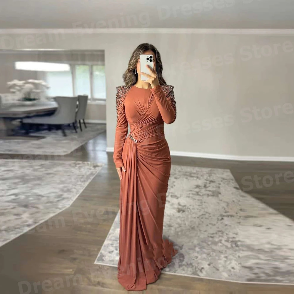Simple Mermaid Womens Evening Dress Customized Bead O-Collar Folded Ball Dress Long Sleeve Formal Party Vest Para Mujer 250103