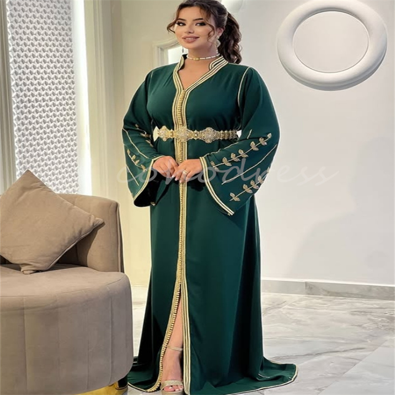 Traditional Green Caftan Moroccan Evening Dress V Neck Beaded Pakistani Kimono Algerien Prom Dress Formal Party Gown Dubai Ceremony Occasion Vestio De