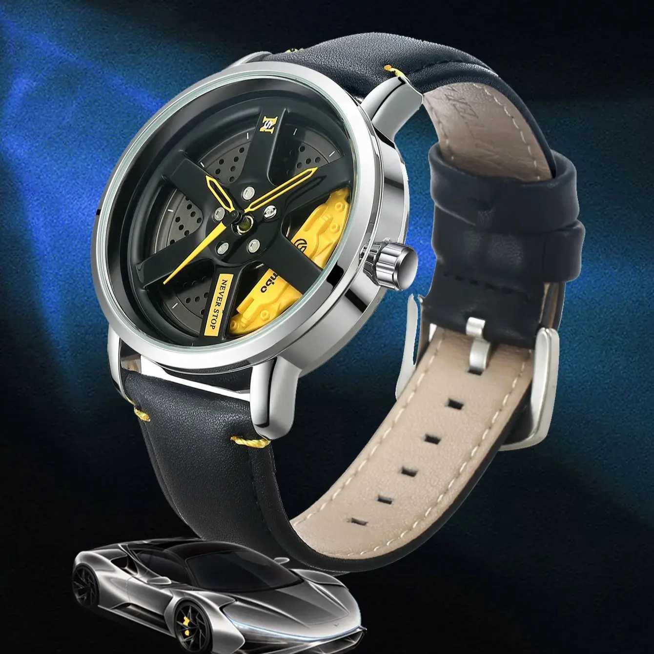 Mens Wheel Hub Mini Fashion Sports Calendar Leather Casual Quartz W250104