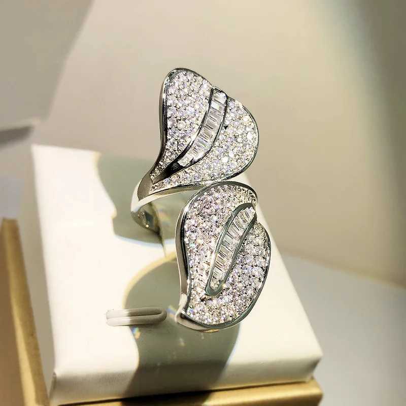 925 Silver Exaggerated Micro-set Zircon Ring Temperament Large Willow Full Diamond Ring Female Party Wedding Jewelry GiftXJ250104