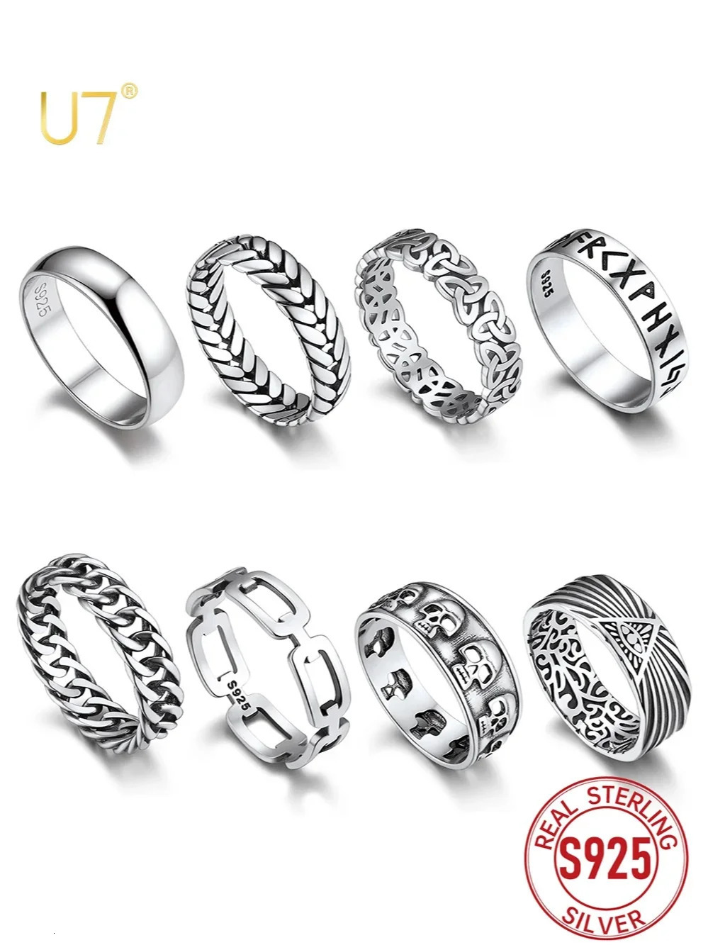 U7 925 Sterling Silver Unisex Rings 5mm-8mm Pattern Band Curb Link Chain Celtic Classic Plain Wedding Anniversary Couple Jewelry 250103