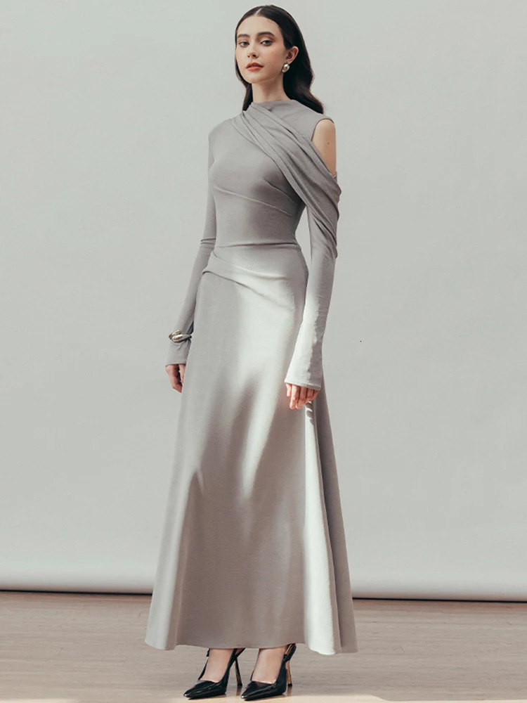 DEAT Elegant Dress Folded Shoulders Solid High Waist A-line Womens Evening Dress 2025 Spring Trendy 35Z1357 250103
