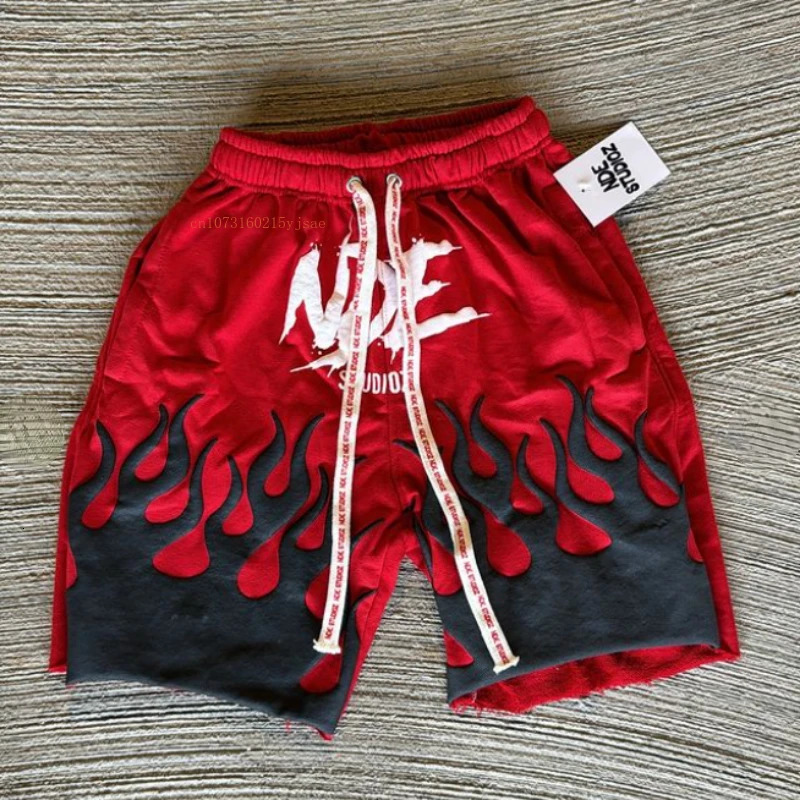 Ins Net Red Shorts Men Women Foam Flame Print American Retro Street Style Five Pants Y2k Cotton Solid Color Loose Couple Pants 250103