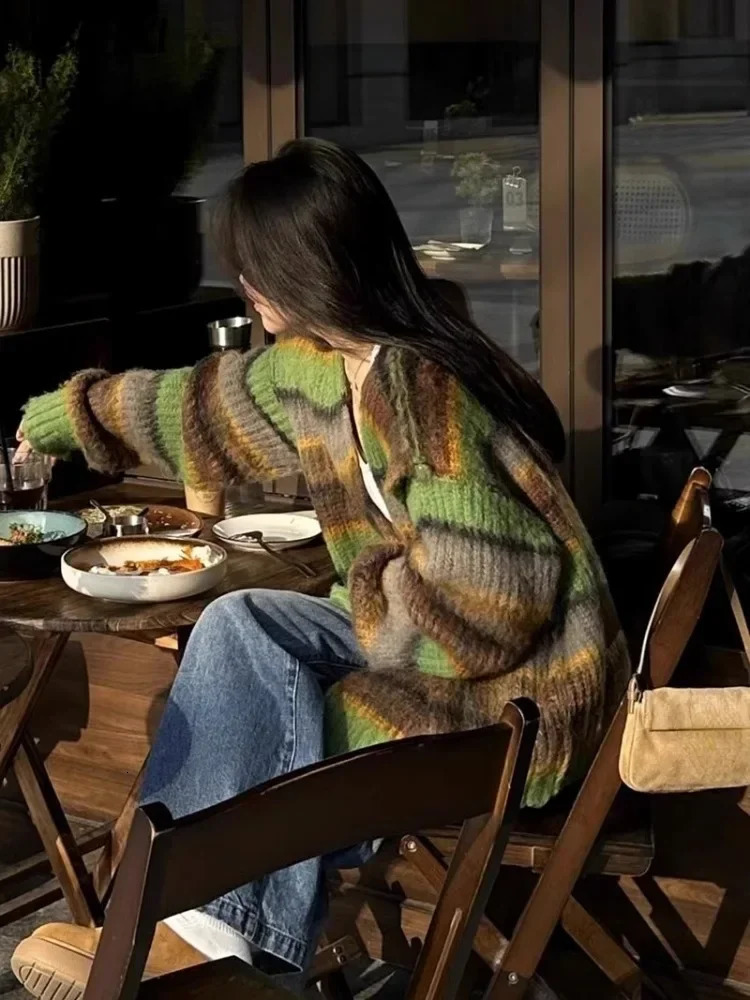 Fashion Grunge Striped Women Knitwear 2024 Streetwear All Match Loose Y2k Aesthetic Sweaters Casual Vintage Cardigans Autumn 241224