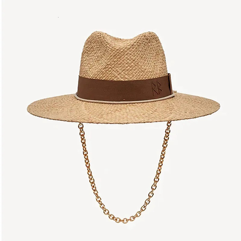 Chain Strap Straw Fedora Hat Embellished Beach Hats with Chain For Women Straw Woven Sun Hats Summer Holidaty Panama Hat 250103