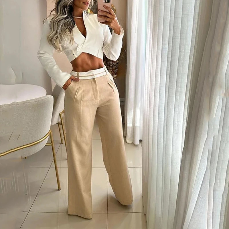 Autumn womens two-piece office suit fashionable solid long sleeved lapel high waisted short top loose pocket pants set streetwear 241230