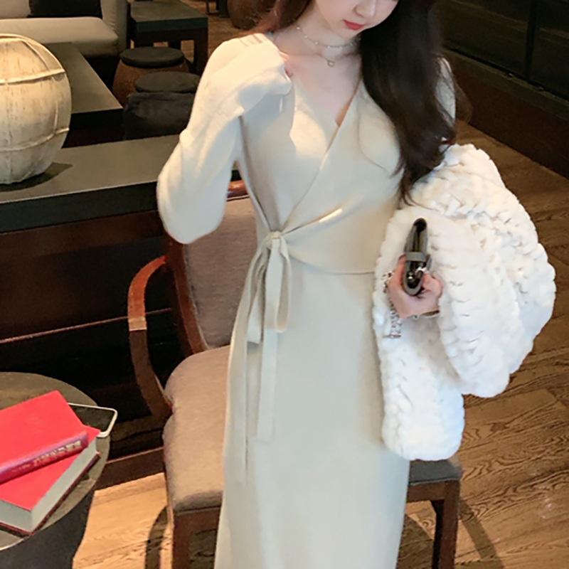 ML11 wool knitted encrypted lace-up dress for women in autumn and winter, new mid-length sweater dress