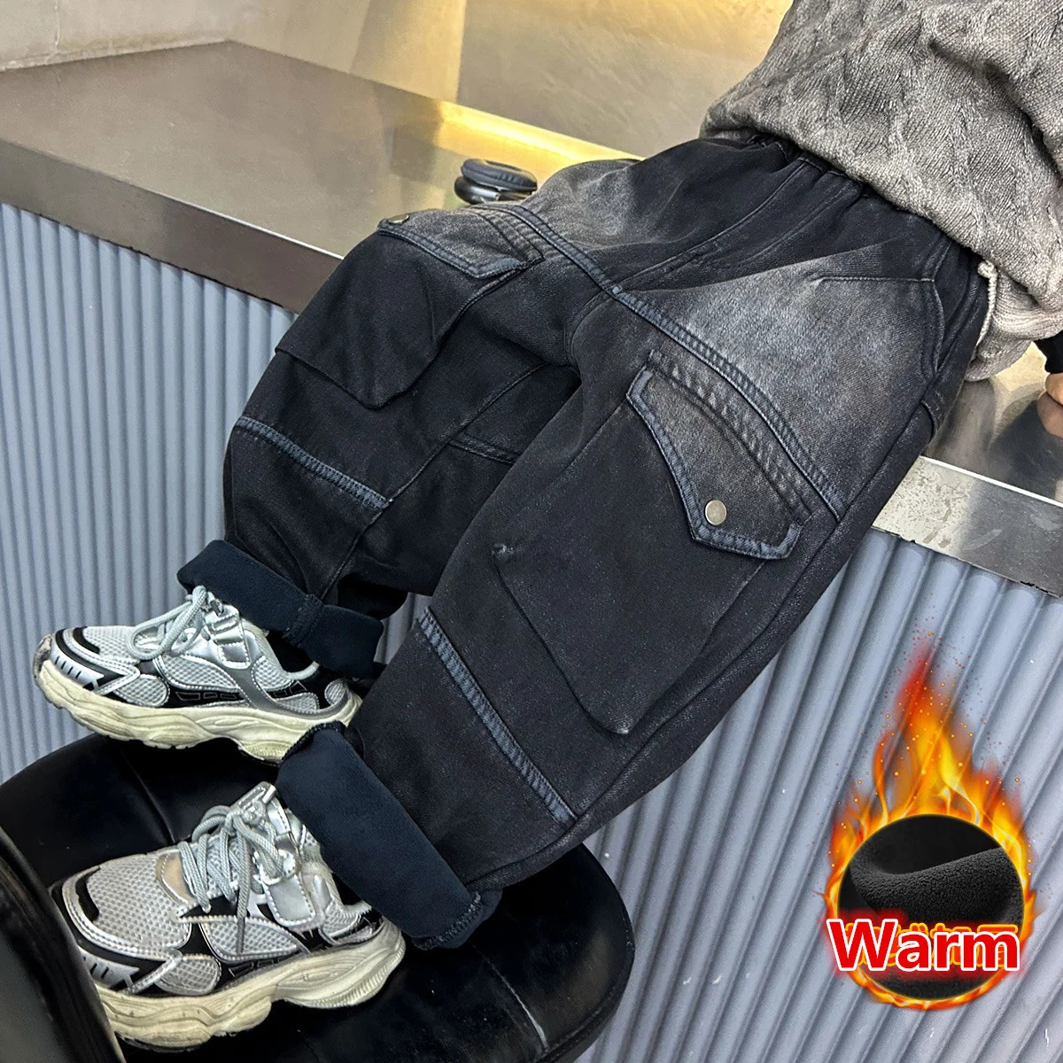 Korean Style Kids Boy Winter Corduroy Baggy Jeans Pants With Pocket Child Loose Style Insulated Denim Trousers For Teenager 4-13 250103