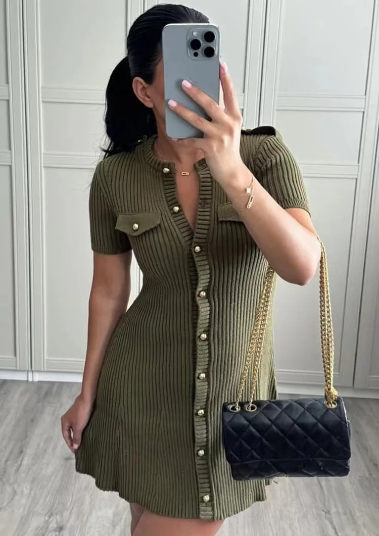 Elegant Knitted Mini Dress For Women Metal Button Sexy Slim Rib Sweater Dresses Female Holiday Party Outfits Autumn 2024 250102