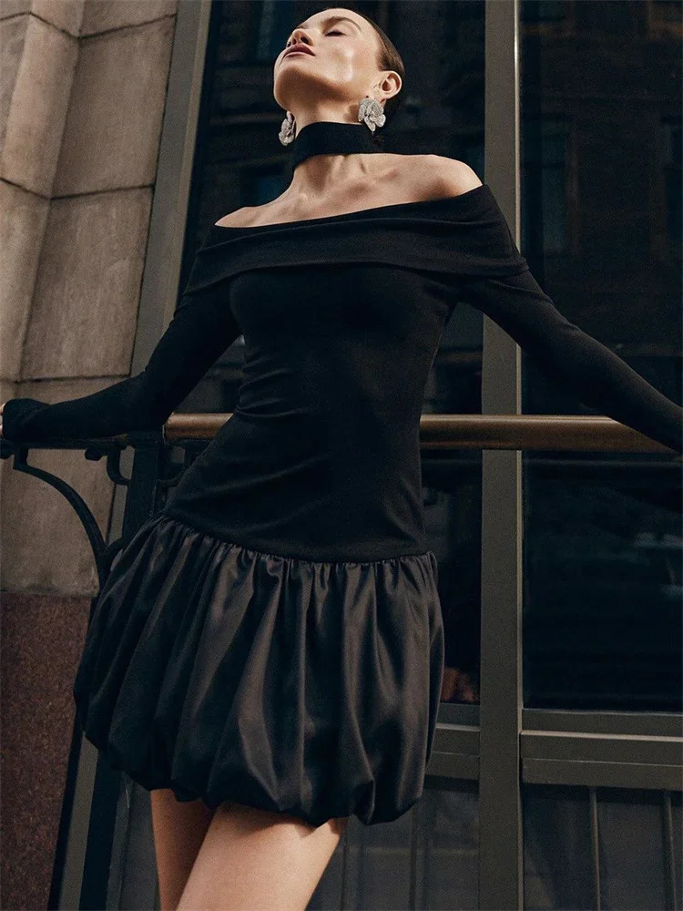 Tossy Knitwear Patchwork Slim Mini Dress Womens Off-Shoulder Long Sleeve Contrast Elegant Party Dress Female Backless Dress 250102