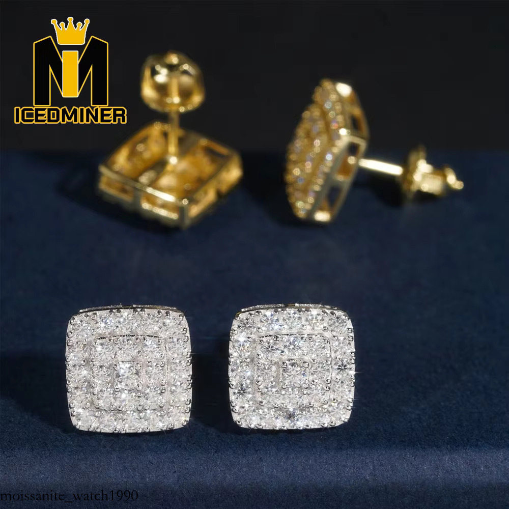 Icedminer Ear Studs For Men Hip Hop Jewelry Pass Dias Tester Moissanite s Sier Square Earrings Women