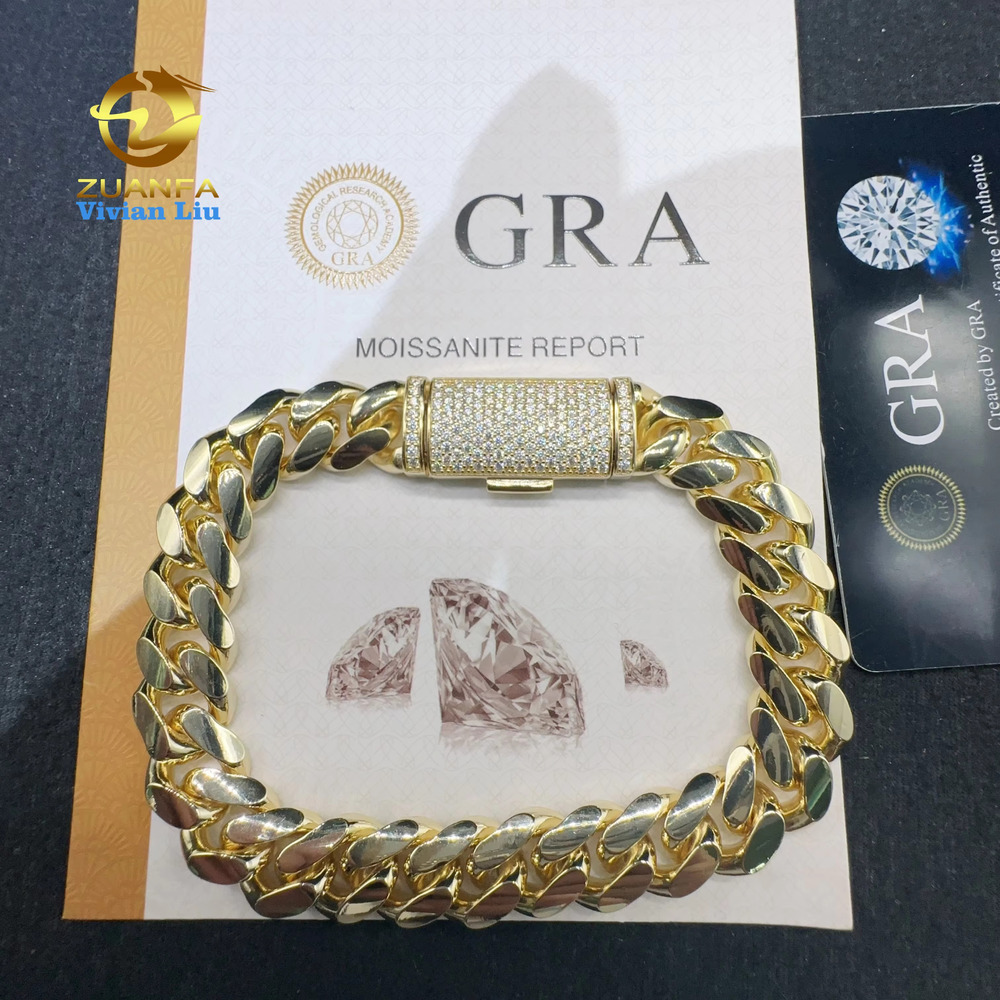 VVS Moissanite Dia Clasp Sterg Sier Hip Hop Jewelry 10K 14K Real Gold Plated 12mm Plain Cuban Bracelet