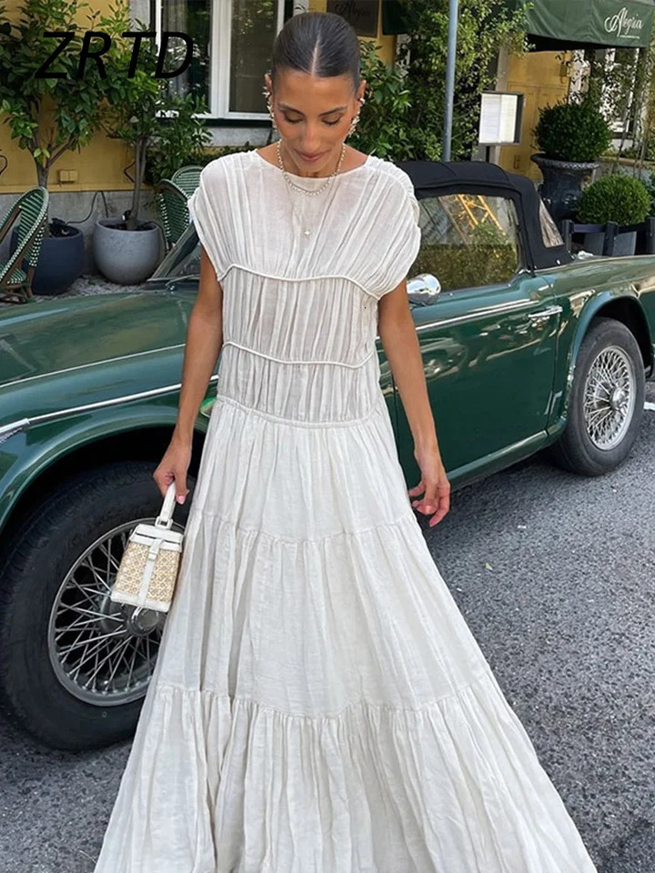 Elegant ruffled backless long party dress for women loose O-neck sleeveless high waisted womens dress 2025 spring womens solid robe 250103