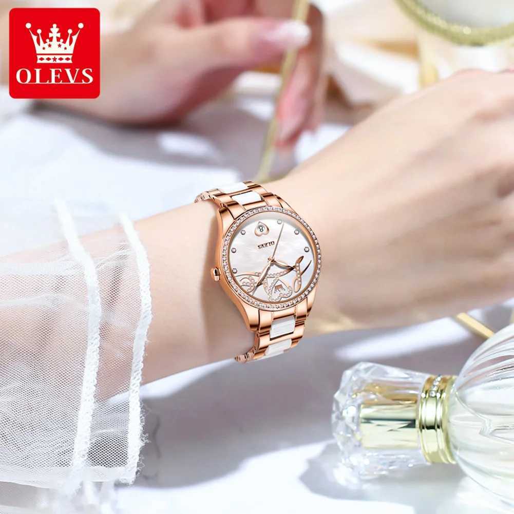 OLEVS Original Automatic Womens Watch Elegant Diamond Dial Ceramic Str Mechanical Watch Set W250104