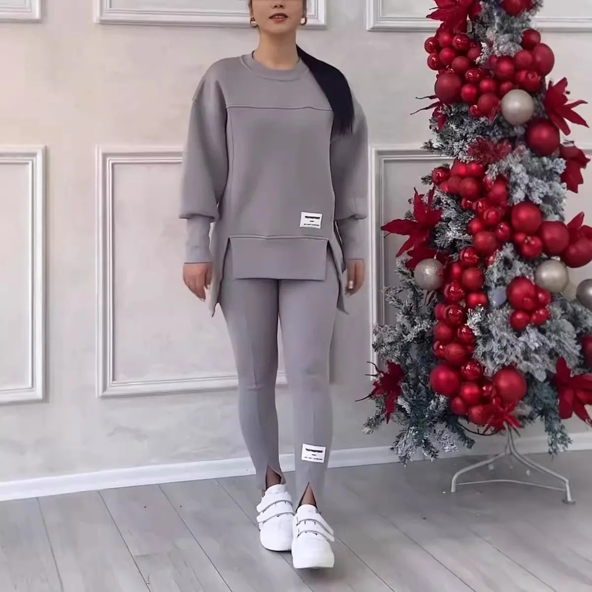2-piece womens sportswear hooded sweatshirt winter loose irregular topleg pants casual jogging set sportswear two-piece set 241230