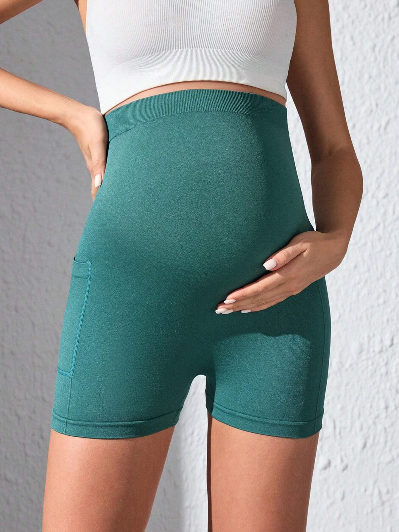 Womens Maternity Yoga Over The Belly Pregnancy Workout Athletic Biker Shorts With Pockets