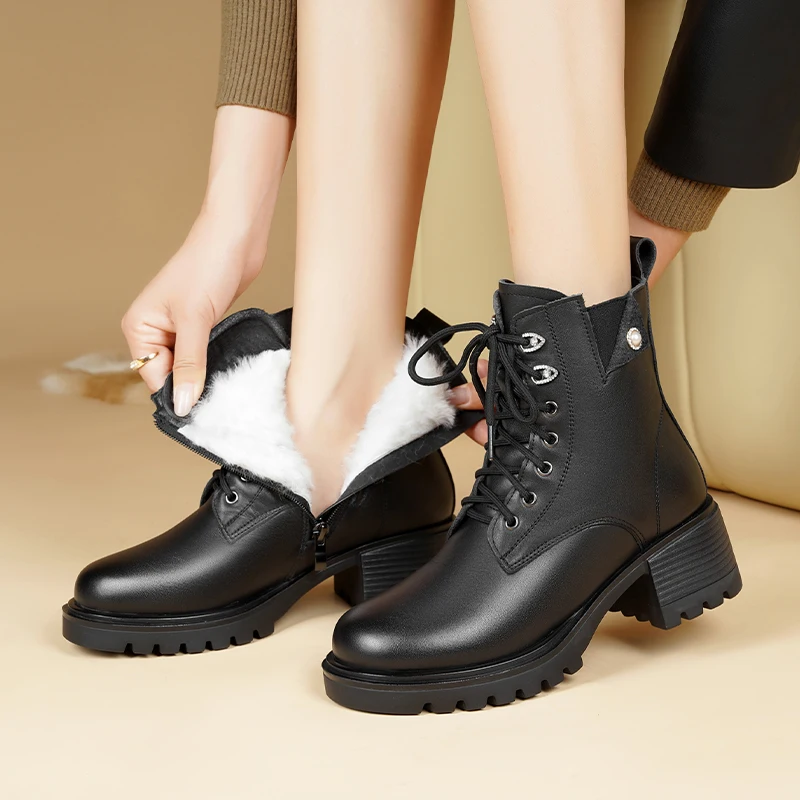 AIYUQI Ankle Boots Women Winter Genuine Leather Natural Wool Warm Mom Boots Non-slip Large Size Women Snow Boots