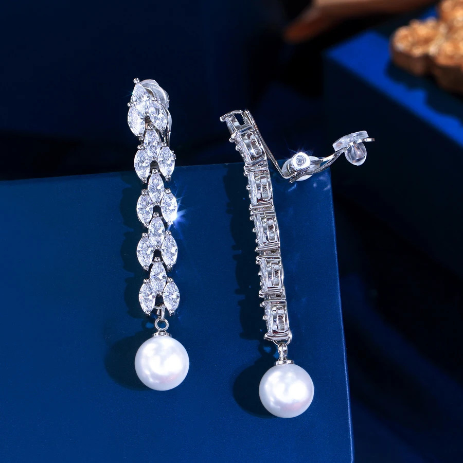ThreeGraces Brilliant Zirconia Long Simulated Pearl Clip On Earrings for Women No Ear Hole n Bridal Party Jewelry EJ112 250103