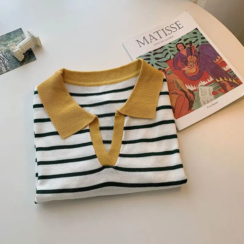 Korean Simple Loose Long Sleeve Knitted Polo Shirt for Women with Collar Panel Splicing Work Feels Ultra Thin Versatile V-neck Top 250103