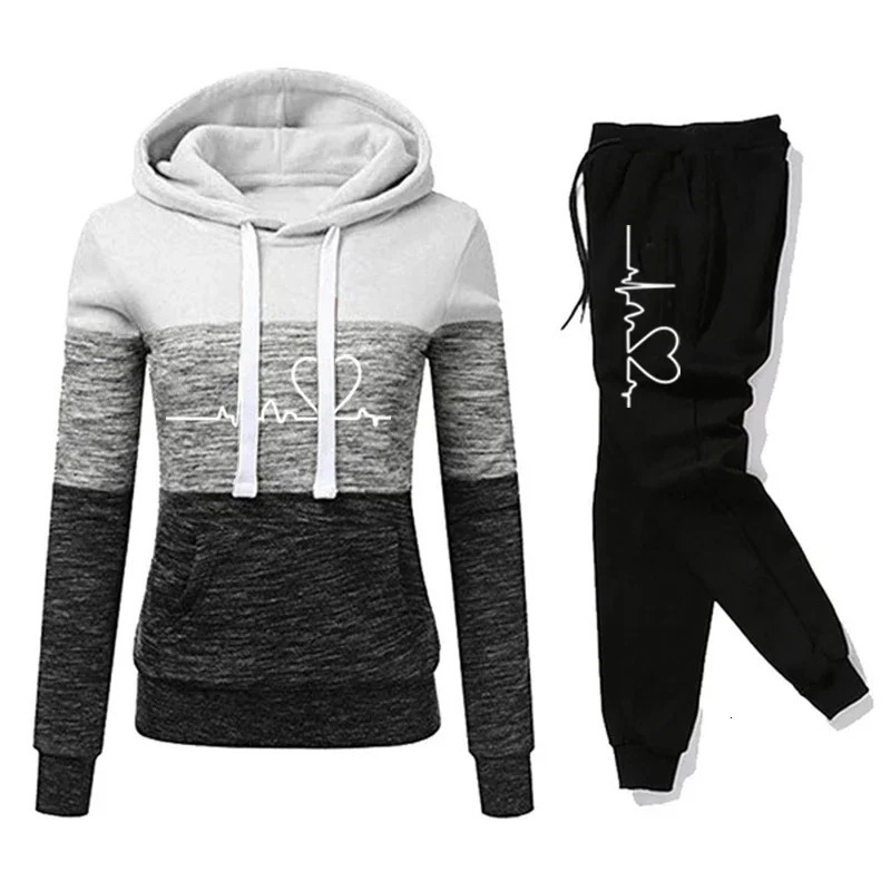 Womens Tracksuit printed hooded sweatshirt sports pants color block casual jogging rally sports Trouser set S-3XL 241230