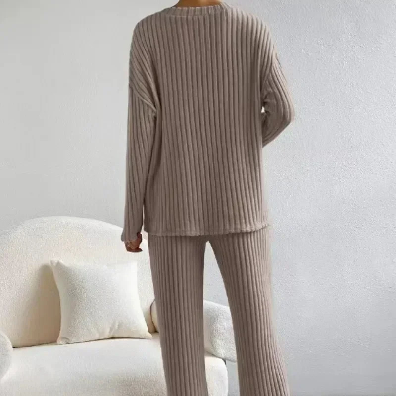 Womens Pajamas Autumn Winter Casual Straight Pants Pullover Sleepwear Loose V Neck Knitted Home Wear Two Piece Loungewear 250103